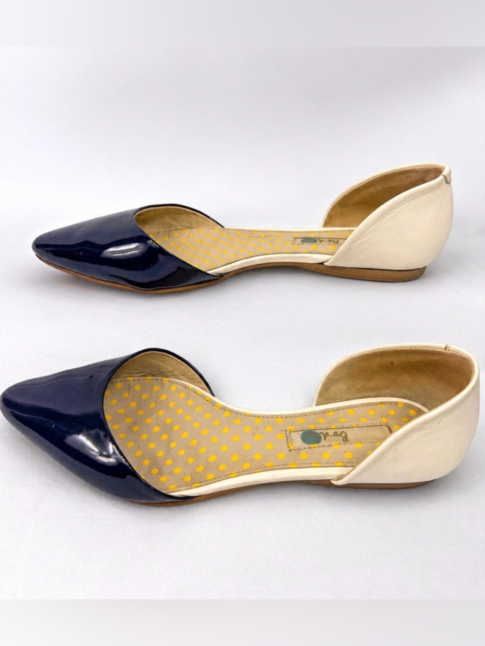 Boden Two Tone D’Orsay Flats Navy Patent Toe Cream Leather Polka Dot Size 38.5